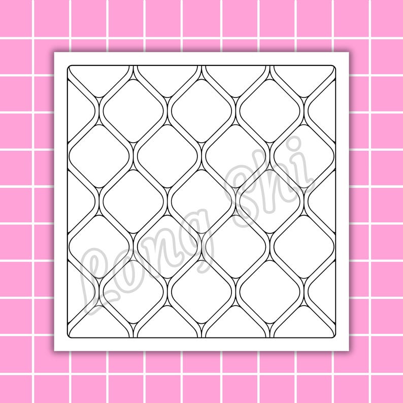 May include: A black and white geometric pattern with a grid-like design. The pattern is composed of interconnected, rounded diamond shapes. The image has the text "Nona Shi" in a cursive font. The background is a pink grid.