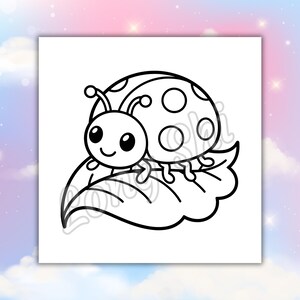May include: A black and white illustration of a ladybug with a smiling face, perched on a leaf. The ladybug has a rounded body with spots and antennae. The leaf has detailed veins.