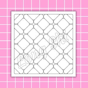 May include: A black and white geometric pattern with rounded rectangles and diamond shapes. The design is on a white square, with the text "Lony Chi" in a cursive font. The background is a pink grid.