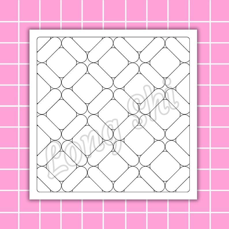 May include: A black and white geometric pattern with rounded rectangles and diamond shapes. The design is on a white square, with the text "Lony Chi" in a cursive font. The background is a pink grid.