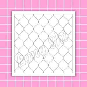 May include: A square, white design with a black, repeating, curved pattern, set against a pink grid background. The text "Long Shi" is watermarked across the design.