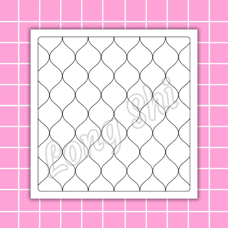 May include: A square, white design with a black, repeating, curved pattern, set against a pink grid background. The text "Long Shi" is watermarked across the design.