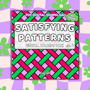 Puede incluir: Un libro para colorear de descarga digital titulado "Satisfying Patterns" con un diseño geométrico en rosa, verde y rojo. La portada incluye el texto "Mindfull Coloring Book Vol. 2" y "50 Pages". El fondo tiene un patrón floral.