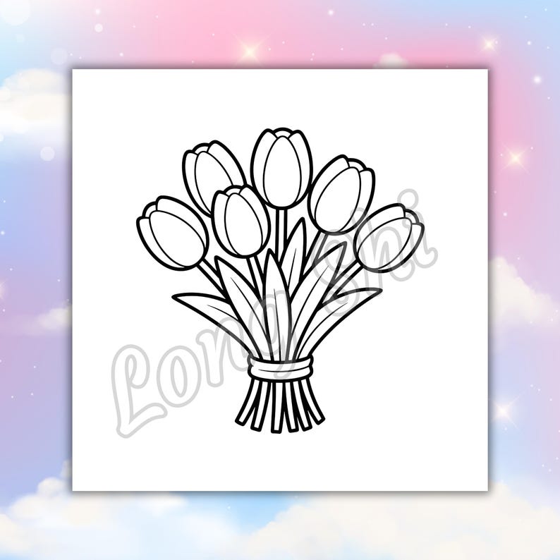 May include: Black and white line art illustration of a bouquet of tulips. The flowers are in full bloom, with detailed petals and leaves. The stems are tied together with a ribbon. The image is on a white background.