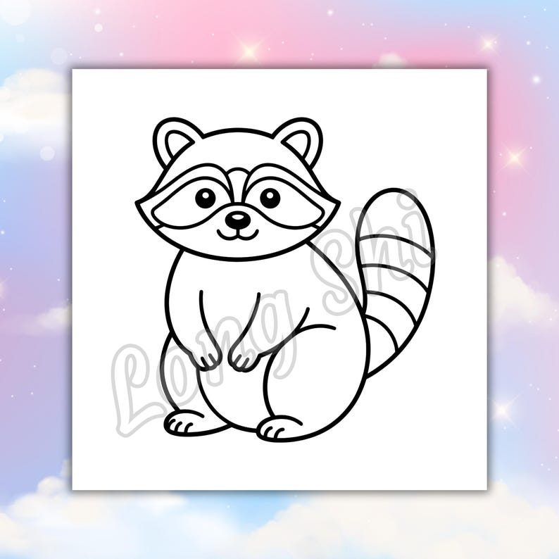 May include: A black and white cartoon illustration of a raccoon. The raccoon is sitting upright with its paws together. It has a striped tail and a mask around its eyes. The image is on a white background.