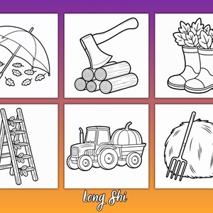 May include: Black and white line drawings of autumn-themed objects. An umbrella with falling leaves, an axe on logs, boots with leaves, a ladder, a tractor with a pumpkin, and a haystack with a pitchfork.