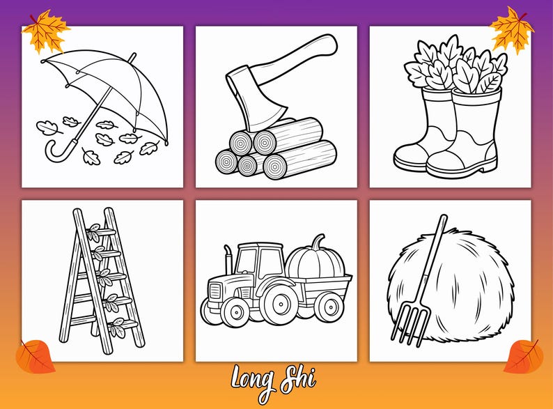 May include: Black and white line drawings of autumn-themed objects. An umbrella with falling leaves, an axe on logs, boots with leaves, a ladder, a tractor with a pumpkin, and a haystack with a pitchfork.
