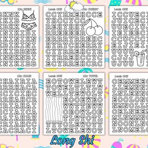 Op de afbeelding: Zwart-wit woordzoekpuzzels met zomerse woorden als "bikini", "kers" en "meloen". Elke puzzel heeft een bijbehorende illustratie. De tekst "Long Shi" staat onderaan.