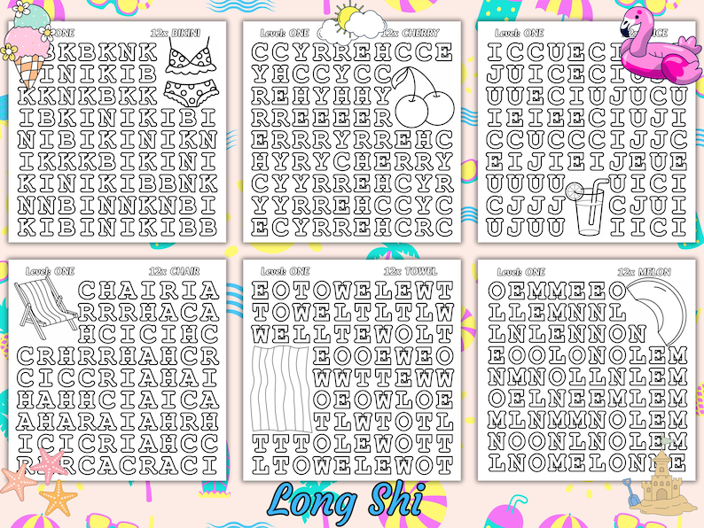 Op de afbeelding: Zwart-wit woordzoekpuzzels met zomerse woorden als "bikini", "kers" en "meloen". Elke puzzel heeft een bijbehorende illustratie. De tekst "Long Shi" staat onderaan.