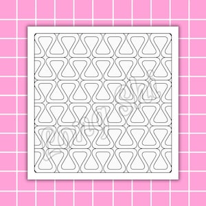May include: A square, white print featuring a repeating pattern of interconnected, hourglass-shaped designs in black. The print is set against a pink grid background, creating a retro aesthetic.