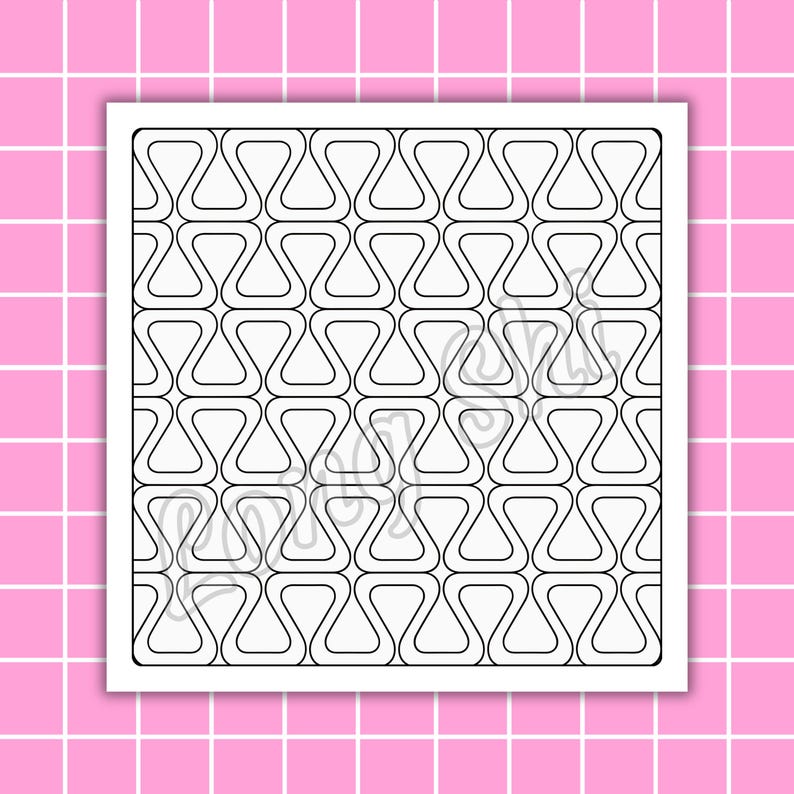 May include: A square, white print featuring a repeating pattern of interconnected, hourglass-shaped designs in black. The print is set against a pink grid background, creating a retro aesthetic.