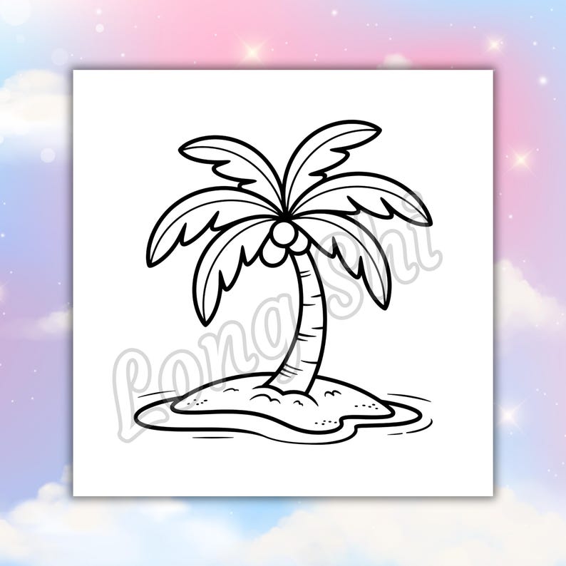 May include: Black and white cartoon illustration of a palm tree on a small island. The tree has a thick trunk, a crown of large leaves, and two coconuts. The island is surrounded by water.