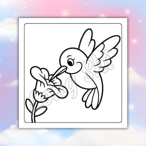 May include: Black and white line art illustration of a hummingbird feeding from a flower. The hummingbird is depicted with its wings spread, beak extended towards the flower. The flower is in full bloom, with detailed petals.