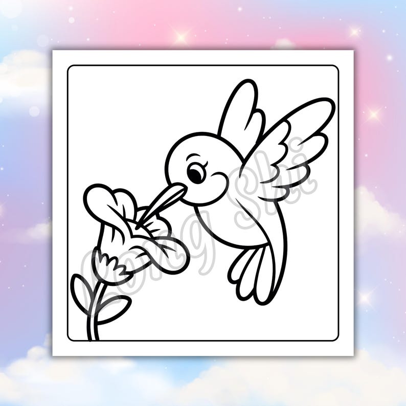 May include: Black and white line art illustration of a hummingbird feeding from a flower. The hummingbird is depicted with its wings spread, beak extended towards the flower. The flower is in full bloom, with detailed petals.