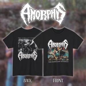 May include: Black t-shirts featuring the band name "Amorphis" in a white, stylized font. One shirt displays a black and white image with the text "The Karelian Isthmus." The other shirt has a colorful graphic and the same text.