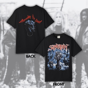 Puede incluir: Dos camisetas negras con diseños gráficos. Una camiseta presenta el texto "Breeding the Spawn" sobre una ilustración azul. La otra muestra "Suffocation" en rojo, con un gráfico detallado en azul y blanco.