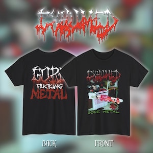 Puede incluir: Camisetas negras con el nombre de la banda "Exhumed" en fuente roja goteante. Una camiseta presenta "Gore Fucking Metal" en blanco y rojo. La otra camiseta muestra una escena gore con las palabras "Gore Metal".