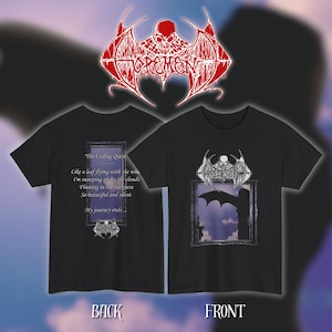 May include: Black t-shirts with a gothic design. One shirt features a bat silhouette in a framed window with a cloudy sky. The other shirt has a poem and a similar bat design. Both shirts display the band name "OPEMEN" in red.