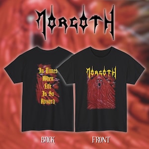 May include: Two black t-shirts featuring the band name "Morgoth" in yellow gothic lettering. One shirt has the text "In Times When Life Is So Absurd". The other has a red and yellow graphic.