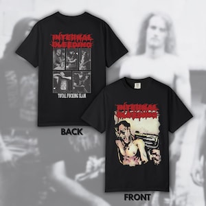 May include: Black t-shirts with the band name "INTERNAL BLEEDING" in red, distressed font. One shirt shows a graphic of a person with a gun. The other shirt shows a collage of band members and the text "TOTAL FUCKING SLAM".