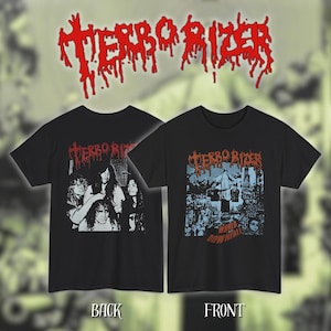 May include: Black t-shirts with the band name "Terrorizer" in red dripping font. One shirt features a black and white image of the band, the other a blue and white graphic with the words "World Downfall".