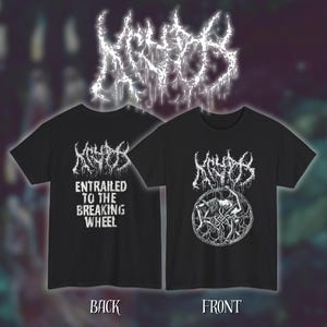 May include: Black t-shirts with white graphic designs. One shirt displays the text "ENTRAILED TO THE BREAKING WHEEL" on the back. The front of the other shirt features a circular design with a figure. The word "KHYOS" is above the designs.