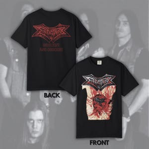 Puede incluir: Camisetas negras con un diseño gráfico rojo y blanco. Una camiseta muestra el texto "INDECEN AND OBSCENE" y un logotipo en la espalda. La otra camiseta muestra un gráfico de un torso sangriento. Las camisetas se muestran con la parte delantera y trasera visibles.