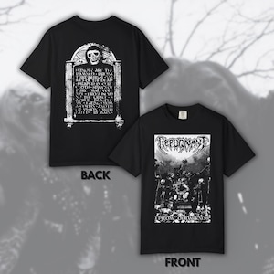 Könnte beinhalten: Zwei schwarze T-Shirts mit weißen Grafiken. Eines zeigt einen Schädel und Text, das andere das Wort "Repugnant" über einer dunklen Illustration mit dem Text "Epitome of Darkness".