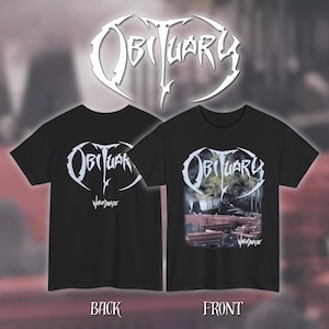 May include: Black t-shirts featuring the band name "Obituary" in a white, gothic font. One shirt displays the band's logo on the back and front. The front of the other shirt has a city scene graphic. "World Demise" is printed below the logo.