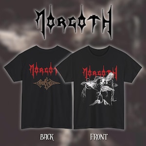 May include: Black t-shirts featuring the word "Morgoth" in red gothic font. One shirt displays "Morgoth" on the back with a gold design beneath. The other has a white graphic on the front with "Morgoth" above it.