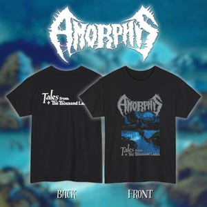May include: Black t-shirts featuring the band Amorphis. The front of the shirt displays the band's logo and artwork with the text "Tales from the Thousand Lakes." The back of the shirt has the text "Tales from the Thousand Lakes."