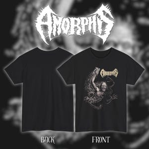 May include: Black t-shirt with the band name "Amorphis" in a white, stylized font at the top. The front of the shirt features a detailed illustration of a figure with long hair and outstretched arms. The word "FRONT" is printed below the image.