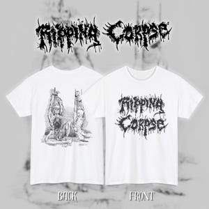 Peut inclure: T-shirts blancs avec des motifs graphiques noirs. L'un des t-shirts présente une illustration détaillée d'une figure squelettique, tandis que l'autre affiche le texte "Ripping Corpse" dans une police stylisée et dégoulinante. Les mots "BACK" et "FRONT" sont également visibles.