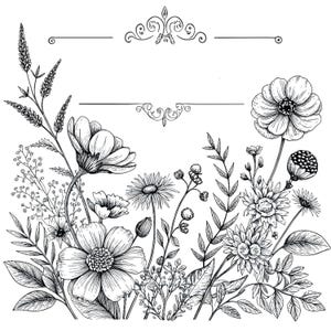 Puede incluir: Ilustración floral en blanco y negro con diversas flores y follaje. El arte lineal detallado incluye margaritas, amapolas y otras flores silvestres, con adornos decorativos en la parte superior. Hay un espacio en blanco disponible para texto.