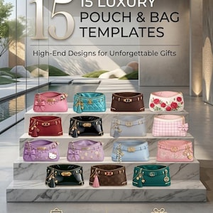 Puede incluir: Imagen que muestra 15 plantillas de bolsos y bolsas de lujo en varios colores y diseños. El texto dice "15 LUXURY POUCH & BAG TEMPLATES" y "High-End Designs for Unforgettable Gifts". También incluye iconos para invitaciones digitales y kits de regalo.