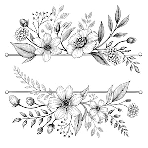 Peut inclure: Illustration florale en noir et blanc avec des fleurs, des feuilles et des bourgeons détaillés. Le dessin comprend deux lignes horizontales avec des pièces d'extrémité décoratives, créant une apparence de cadre. Parfait pour les invitations ou les éléments décoratifs.