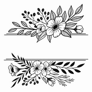 May include: Black and white floral design with two horizontal lines. The top design features flowers, leaves, and berries. The bottom design has flowers, leaves, and berries. The image is a line drawing.