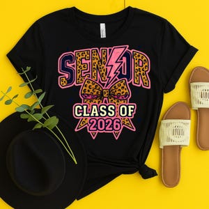 Senior 2026 PNG, Leopard Lightning Bolt Graduation Design, Coquette Class of 2026 Sublimation, Preppy Girly Senior Bow Shirt Design