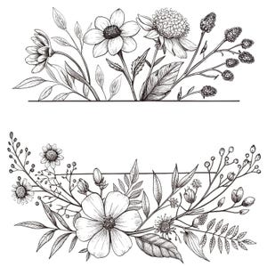 May include: Detailed black and white floral illustrations. The image shows two decorative floral arrangements, each with different flowers, leaves, and berries. The intricate drawings are set against a white background, suitable for design work.