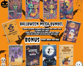 May include: A collection of Halloween-themed books, including coloring books, activity books, and a planner. The covers feature illustrations of witches, pumpkins, ghosts, and other spooky characters. The text "Halloween Mega Bundle" is displayed.