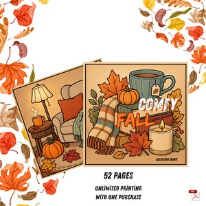 Puede incluir: Un libro para colorear titulado Comfy Fall con 52 páginas. La portada muestra una taza azul verdoso, una calabaza, una vela encendida y una bufanda a cuadros sobre una pila de libros. El fondo está decorado con hojas de otoño variadas.