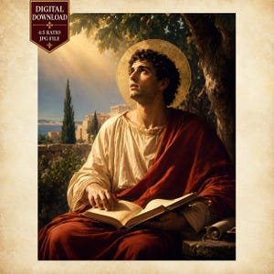 May include: A digital download print featuring a person with curly hair and a golden halo, wearing a cream tunic and a deep red robe. The figure sits under a tree, reading an open book, with a distant landscape and text reading DIGITAL DOWNLOAD 4:5 RATIO JPG FILE.