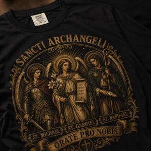 Op de afbeelding: Zwart T-shirt met een gedetailleerde illustratie van drie aartsengelen met halo's en vleugels. Het ontwerp bevat de tekst "SANCTI ARCHANGELI", "ST. MICHAEL", "ST. GABRIEL", "ST. RAPHAEL" en "ORATE PRO NOBIS". Het shirt heeft een Comfort Colors-label.