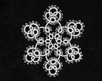 Op de afbeelding: Een witte, sneeuwvlokvormige doily tegen een zwarte achtergrond. De doily is gemaakt van delicate, onderling verbonden lussen, waardoor een symmetrisch, open ontwerp ontstaat. De ingewikkelde details van het kant worden benadrukt tegen de donkere achtergrond.