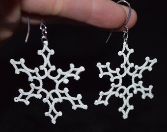 Op de afbeelding: Een paar witte sneeuwvlok oorbellen. Elke oorbel heeft een delicaat, open ontwerp in de vorm van een sneeuwvlok. De oorbellen zijn bevestigd aan zilverkleurige oorhaken, waardoor een winterthema accessoire ontstaat.