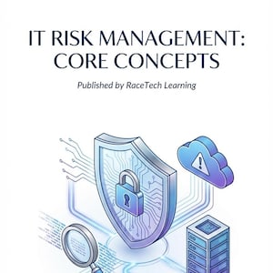 May include: An illustration for "IT Risk Management: Core Concepts" features a shield with a padlock, a magnifying glass, a cloud, and a server. The text "IT RISK MANAGEMENT: CORE CONCEPTS" is at the top, with "Published by RaceTech Learning" below.