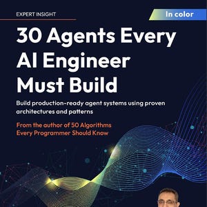Pode incluir: Capa de livro com o título "30 Agents Every AI Engineer Must Build" em texto branco sobre fundo azul escuro. A capa também inclui o nome do autor, Imran Ahmad, PhD, e o logotipo da editora. O livro promete ajudar a construir sistemas de agentes prontos para a produção.