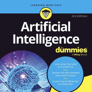 Pode incluir: A capa de "Artificial Intelligence for Dummies" apresenta um cérebro azul estilizado sobre um design de placa de circuito. O título está em letras brancas grandes, com "for dummies" em amarelo. Inclui também os nomes dos autores.