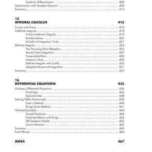 Pode incluir: Uma tabela de conte&uacute;do detalhada de um livro did&aacute;tico, com se&ccedil;&otilde;es sobre c&aacute;lculo integral e equa&ccedil;&otilde;es diferenciais. Os n&uacute;meros das p&aacute;ginas est&atilde;o listados &agrave; direita, com t&oacute;picos como 'Curvas e &Aacute;reas' e 'M&eacute;todo de Euler'.