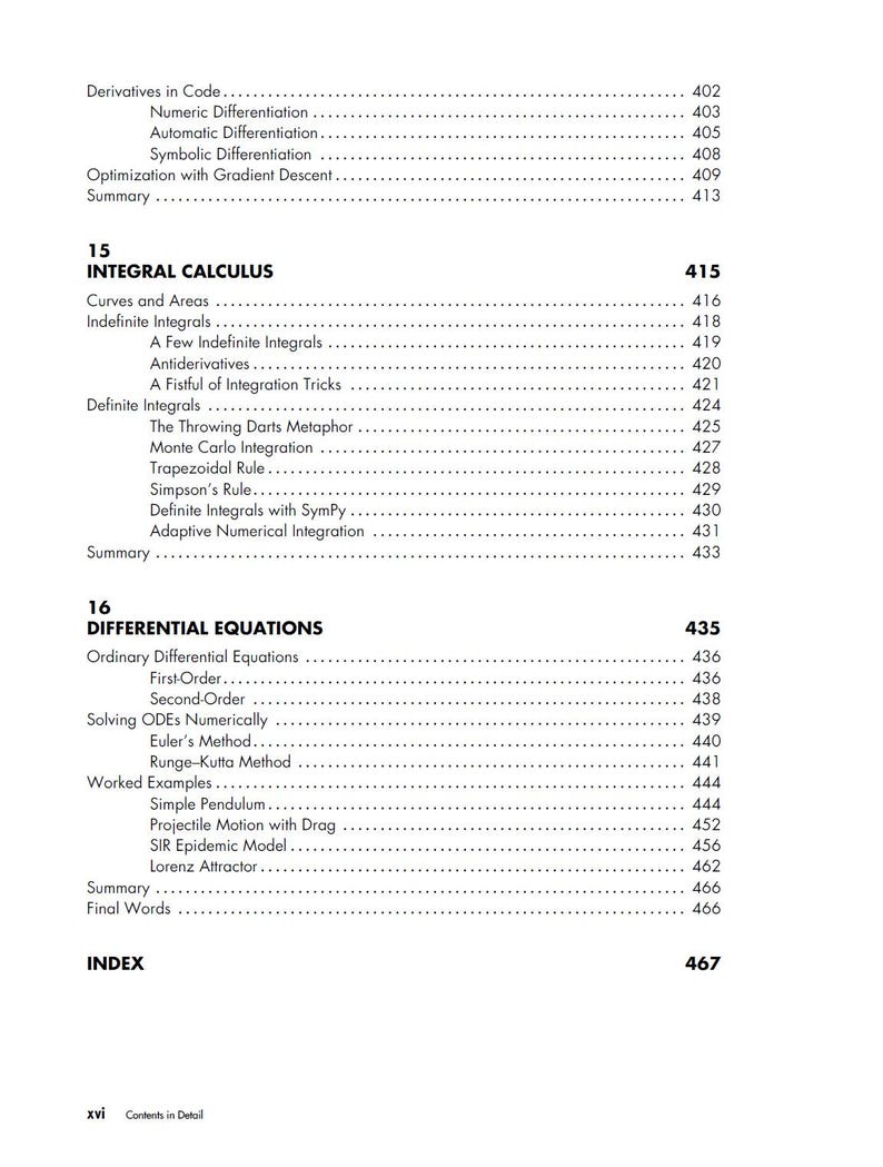 Pode incluir: Uma tabela de conte&uacute;do detalhada de um livro did&aacute;tico, com se&ccedil;&otilde;es sobre c&aacute;lculo integral e equa&ccedil;&otilde;es diferenciais. Os n&uacute;meros das p&aacute;ginas est&atilde;o listados &agrave; direita, com t&oacute;picos como 'Curvas e &Aacute;reas' e 'M&eacute;todo de Euler'.